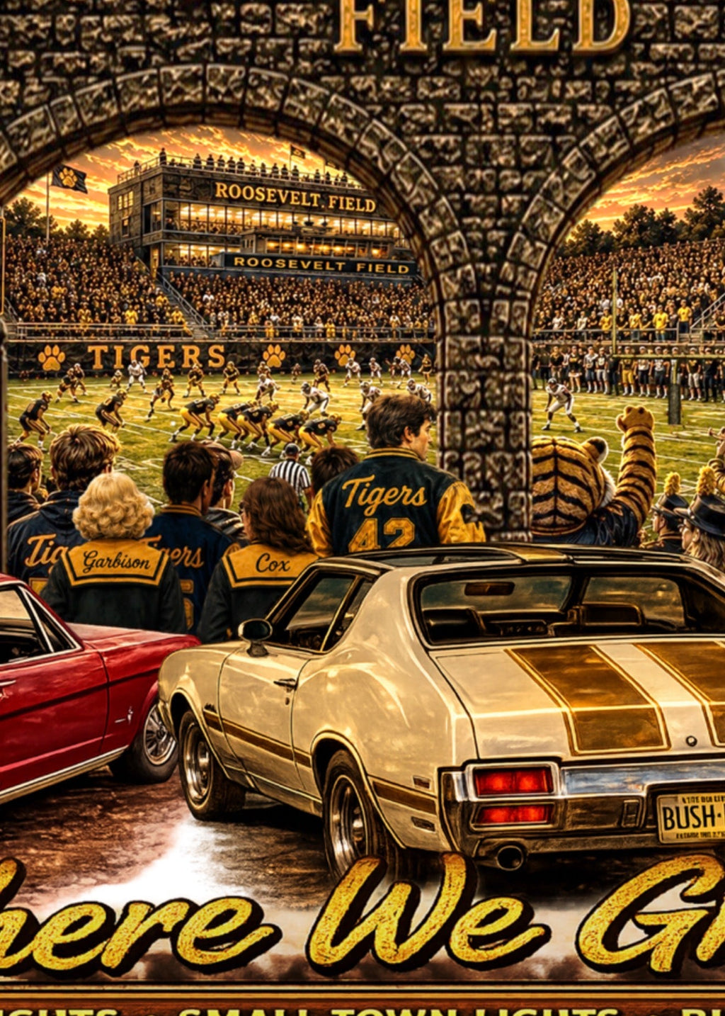 Vintage-style poster of a sports event at Roosevelt Field with cars and spectators.