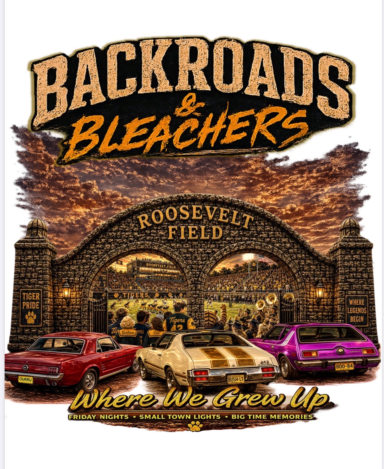 Cover of 'Backroads & Bleachers' with vintage cars and Roosevelt Field archway.