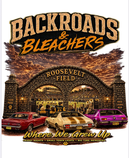 Cover of 'Backroads & Bleachers' with vintage cars and Roosevelt Field archway.