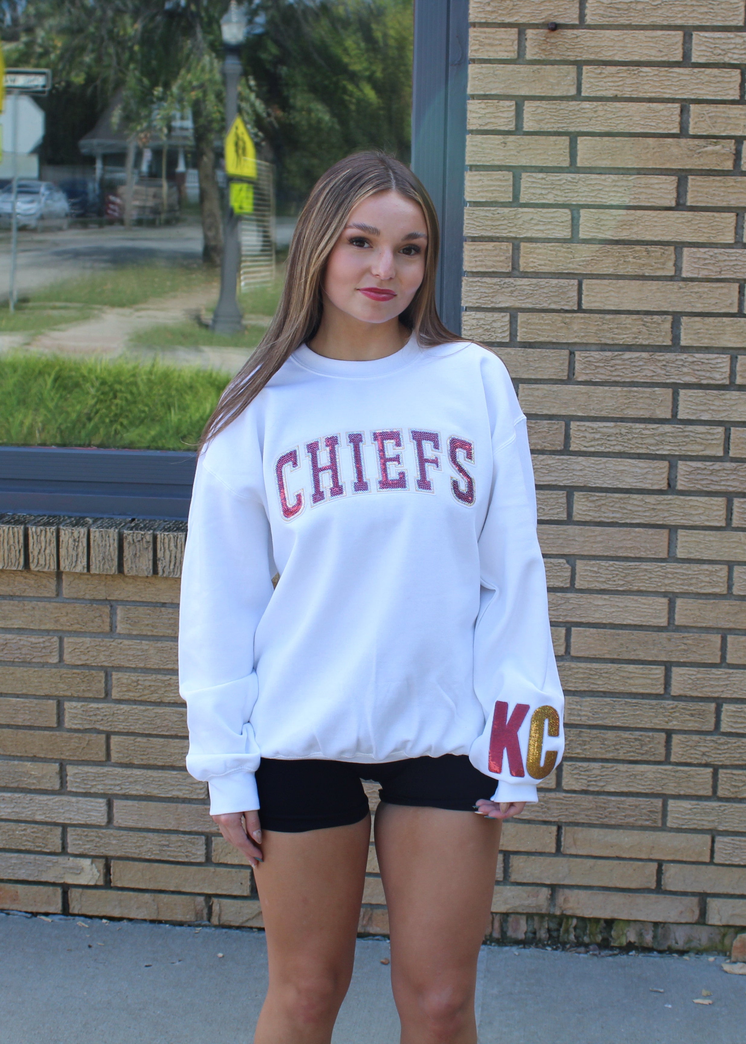 Chiefs Sequin Block Letter Crew with KC Sleeve