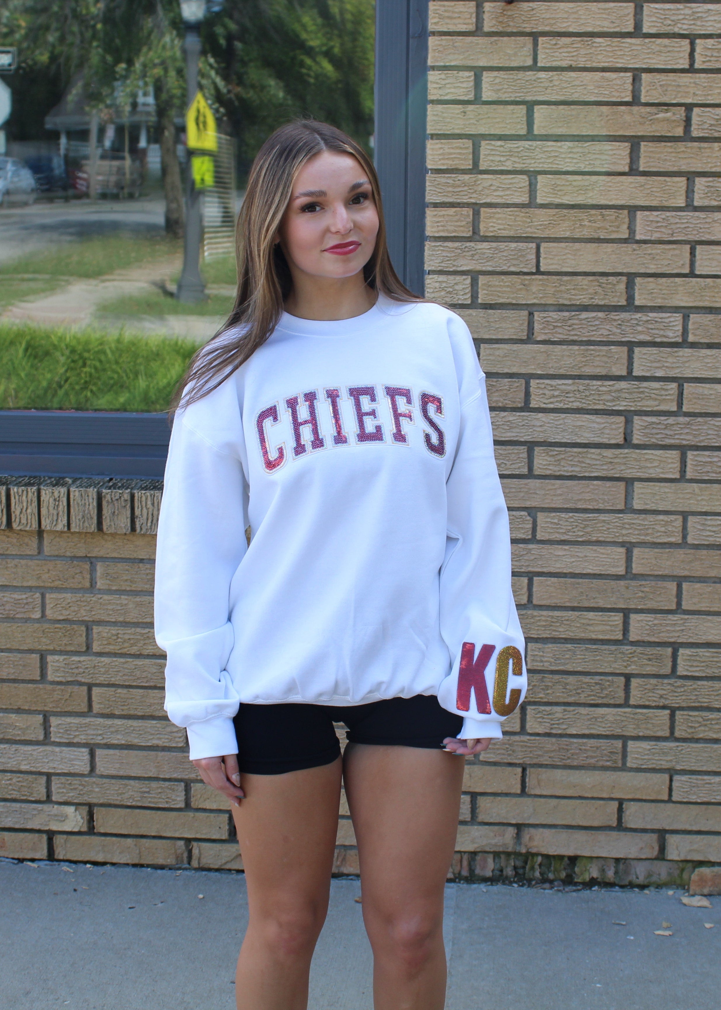 Chiefs Sequin Block Letter Crew with KC Sleeve