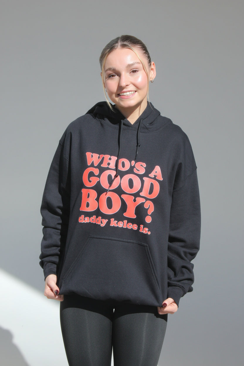 Unisex Who’s a Good Boy? Hoodie – Kelce Kingdom Edition
